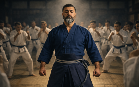 A martial artist in blue stands calmly at the centre of a group training martial arts